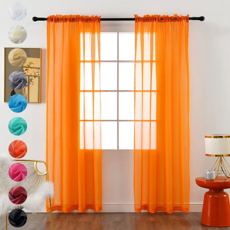 youleyar Solid Sheer Rod Pocket Curtain Voile Draperies 2 Panels White Beige Black Grey Coffee 52 Inch Width 84 Inch Long 1 Pair for Kitchen Bedroom Children Living Room Yard (Orange,52Wx84L) - Image 1